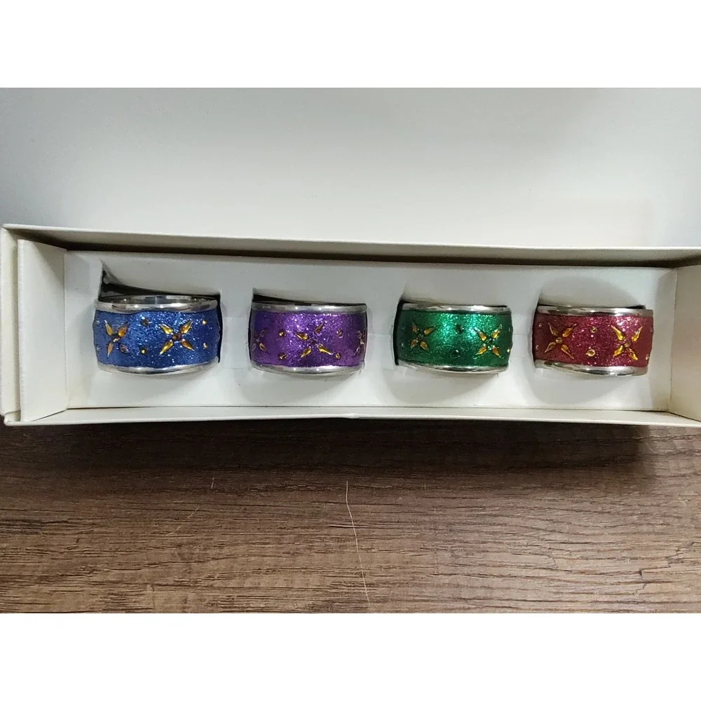 Pier 1 Napkin Rings India Multicolor Glitter Metal Floral Jeweled Set of 4 V1